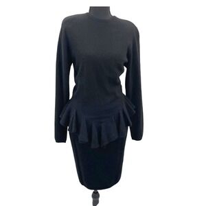 Vintage Ambria Black Long Sleeve Peplum Sweater Dress 10M Lambswool Angora Blend